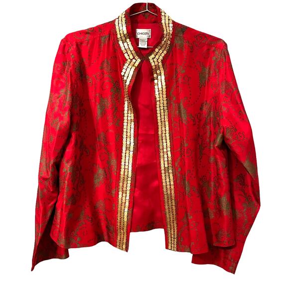 Chico's Jackets & Blazers - Chico’s Women’s Red Silk Mandarin Gold Sequin Open Front Jacket M